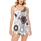 Classic vintage clock pattern Chest Sexy Pleated Two Piece Swim Dress