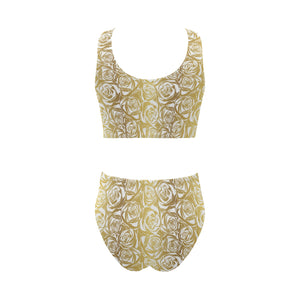 Rose Pattern Print Design 05 Chest Bowknot High Waisted Bikini Swimsuit