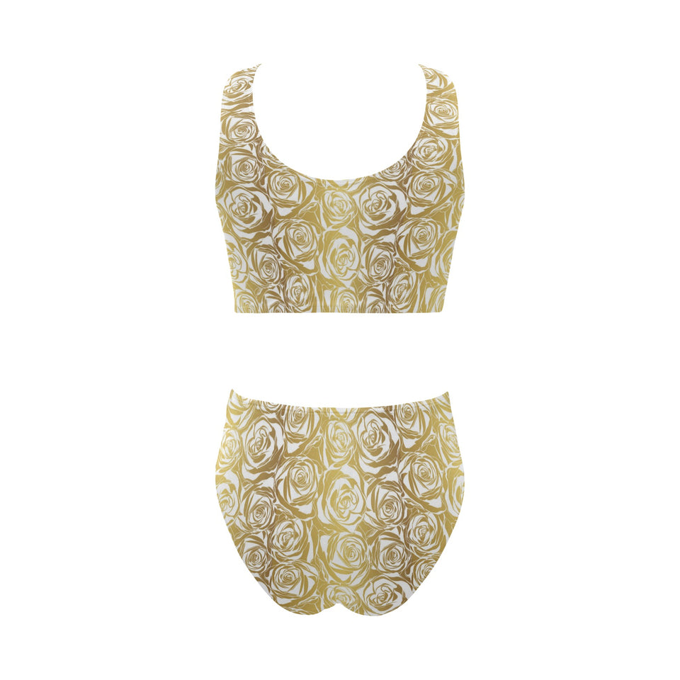 Rose Pattern Print Design 05 Chest Bowknot High Waisted Bikini Swimsuit