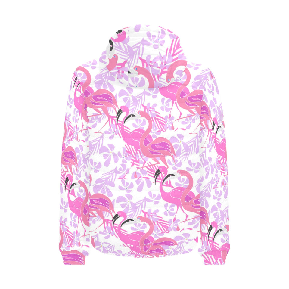 Pink flamingo flower pattern Men's Padded Hooded Jacket