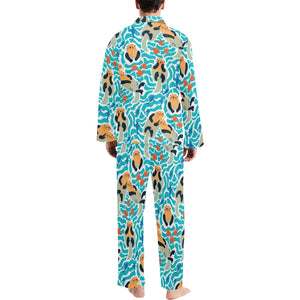 Cute sea otters fishe sea urchin pattern Men's Long Pajama Set