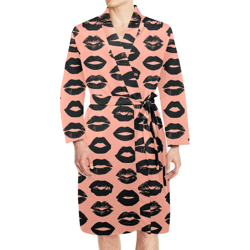Lips Pattern Print Design 02 Men's Long Sleeve Belted Night Robe