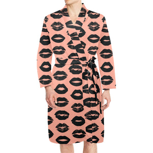 Lips Pattern Print Design 02 Men's Long Sleeve Belted Night Robe