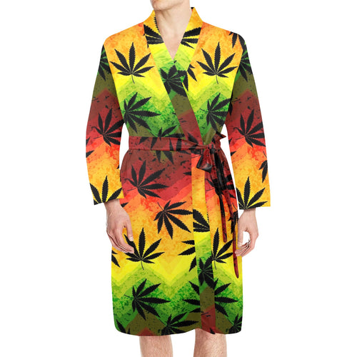 Canabis Marijuana Weed Pattern Print Design 03 Men's Long Sleeve Belted Night Robe