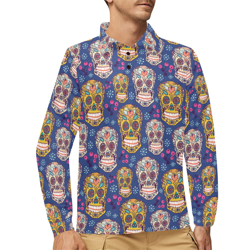 Sugar skull flower pattern Men's Long Sleeve Polo Shirt