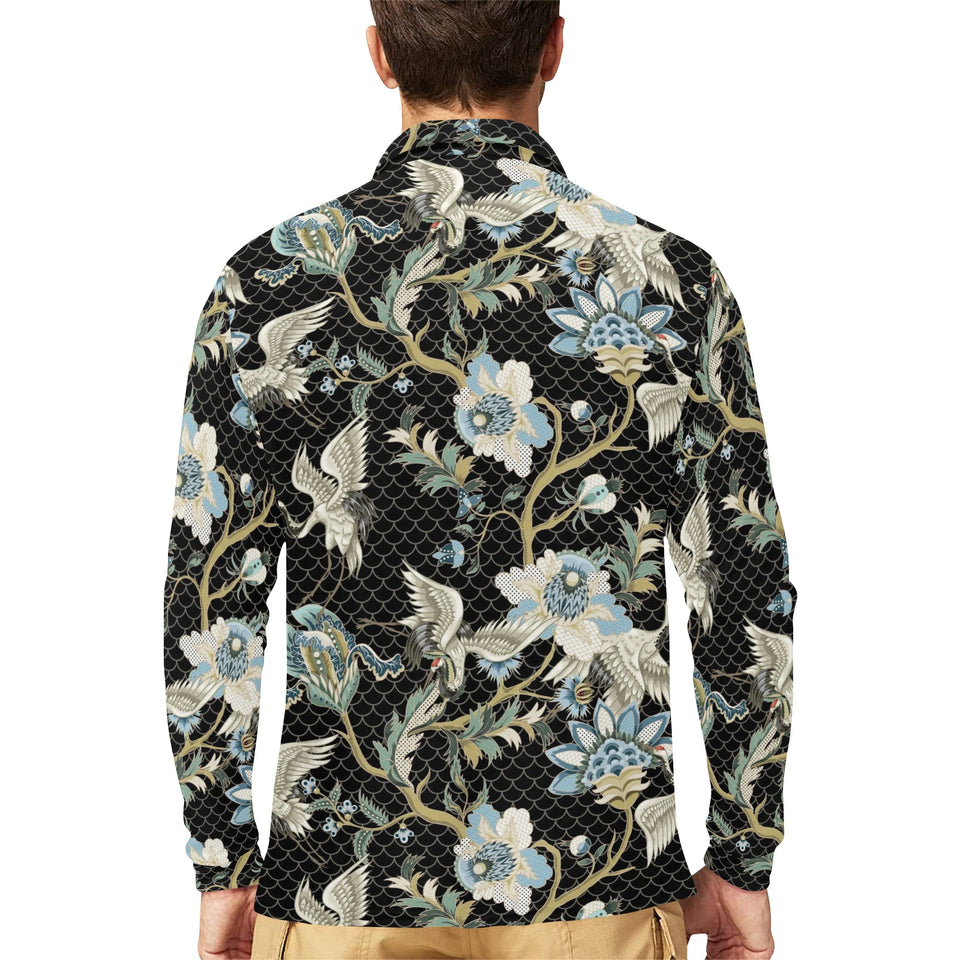 Japanese crane ornament elements Men's Long Sleeve Polo Shirt