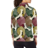 Japanese cranes flying forest dot pattern Women's Long Sleeve Polo Shirt