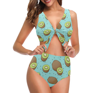 Kiwi blue background Chest Bowknot High Waisted Bikini Swimsuit