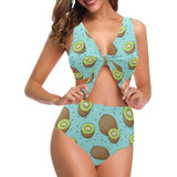 Kiwi blue background Chest Bowknot High Waisted Bikini Swimsuit