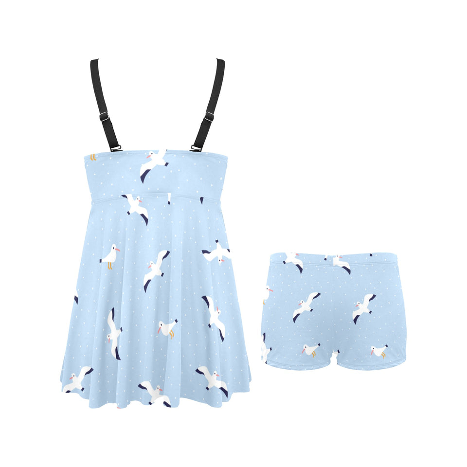 Seagull Pattern Print Design 02 Chest Sexy Pleated Two Piece Swim Dress