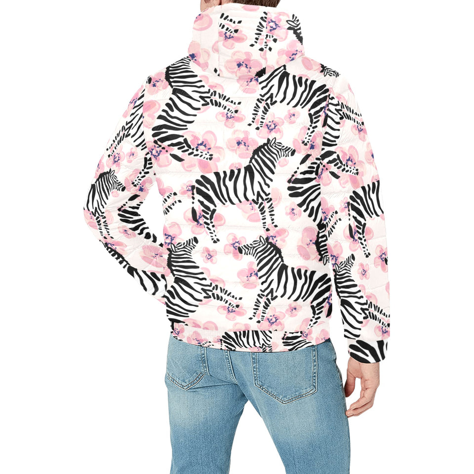 Zebra pink flower background Men's Padded Hooded Jacket