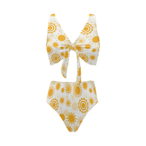 Sun design pattern Chest Bowknot High Waisted Bikini Swimsuit