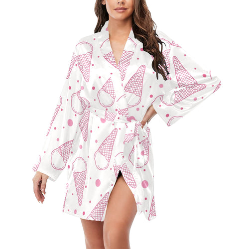 Hand drawn ice cream pattern Women's Long Sleeve Belted Night Robe