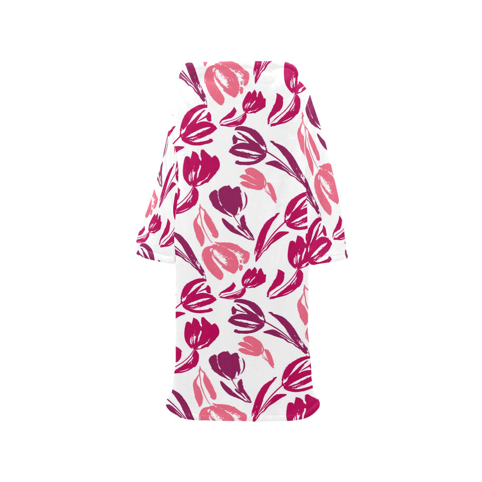 pink sketch tulip pattern Blanket Robe with Sleeves