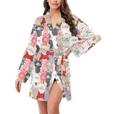 Pig Pattern Print Design 02 Women's Long Sleeve Belted Night Robe