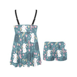Cute rabbit pattern Chest Sexy Pleated Two Piece Swim Dress