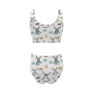 windmill pattern Chest Bowknot High Waisted Bikini Swimsuit