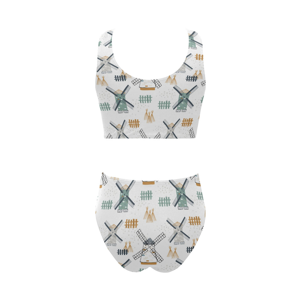 windmill pattern Chest Bowknot High Waisted Bikini Swimsuit
