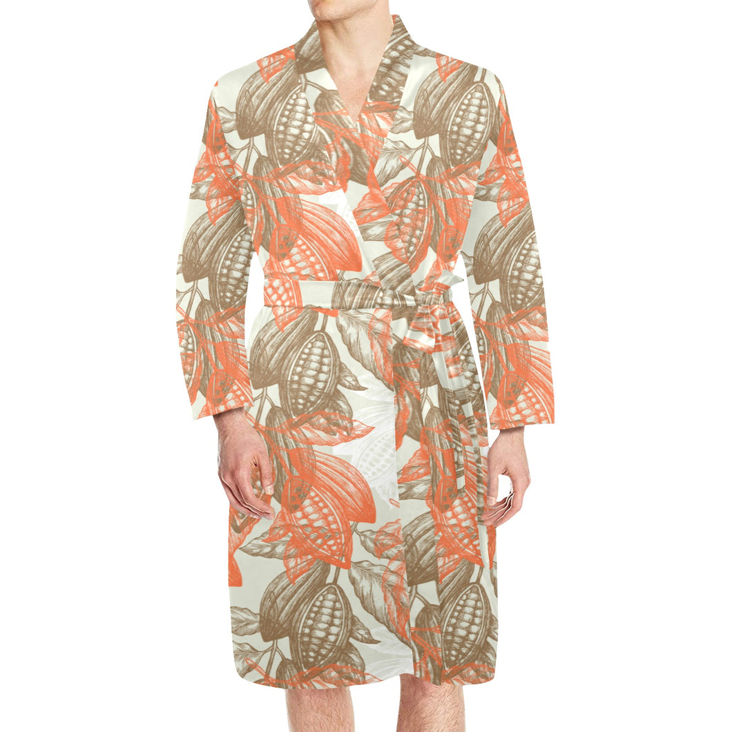 Cocoa beans Cocoa tree pattern Men's Long Sleeve Belted Night Robe