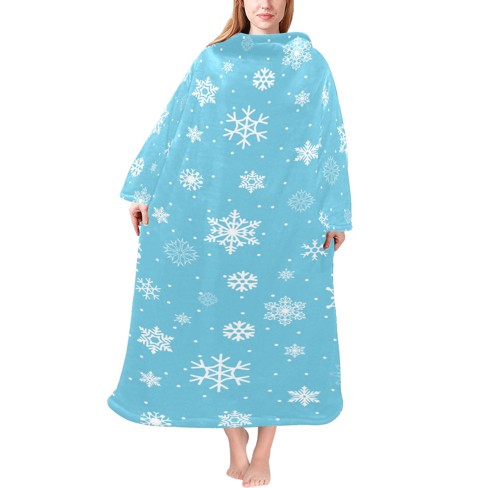 Snowflake pattern blue background Blanket Robe with Sleeves