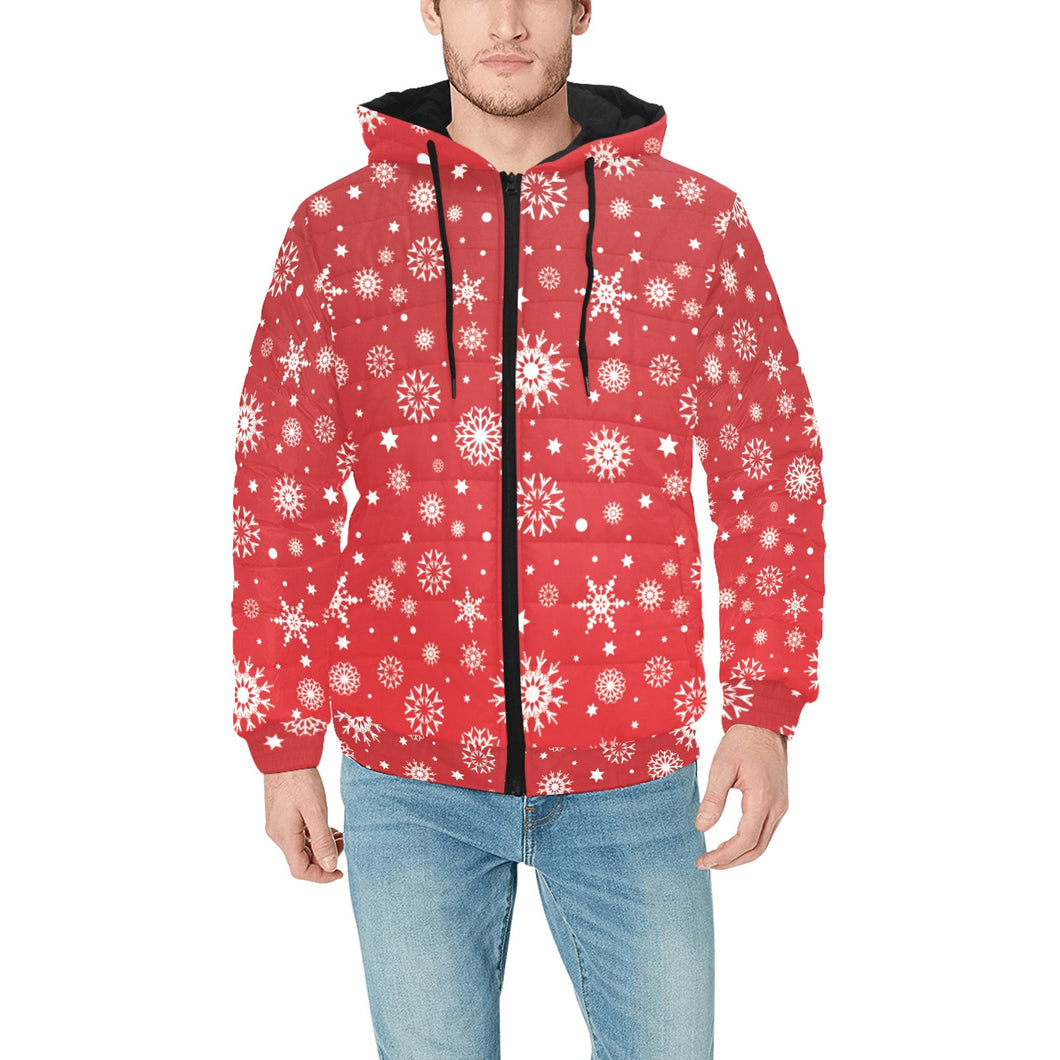 Snowflake pattern red background Men's Padded Hooded Jacket