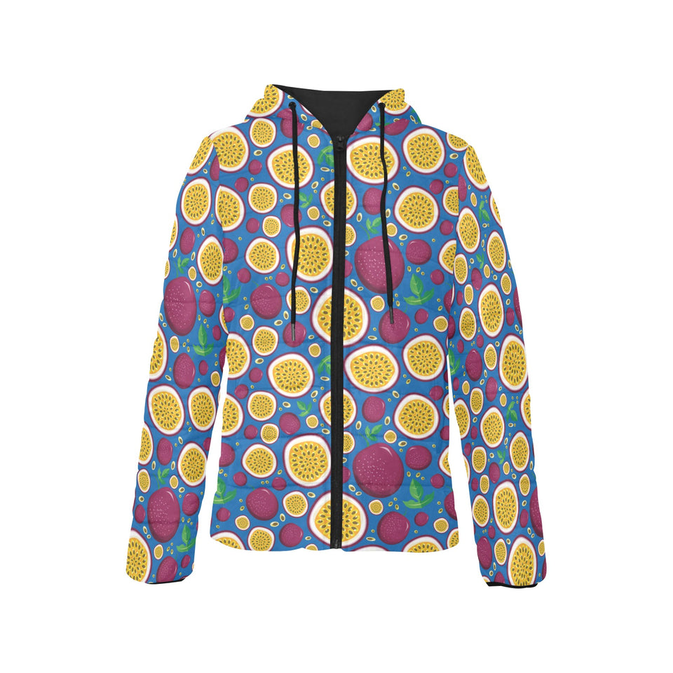 Passion fruit blue background Women's Padded Hooded Jacket