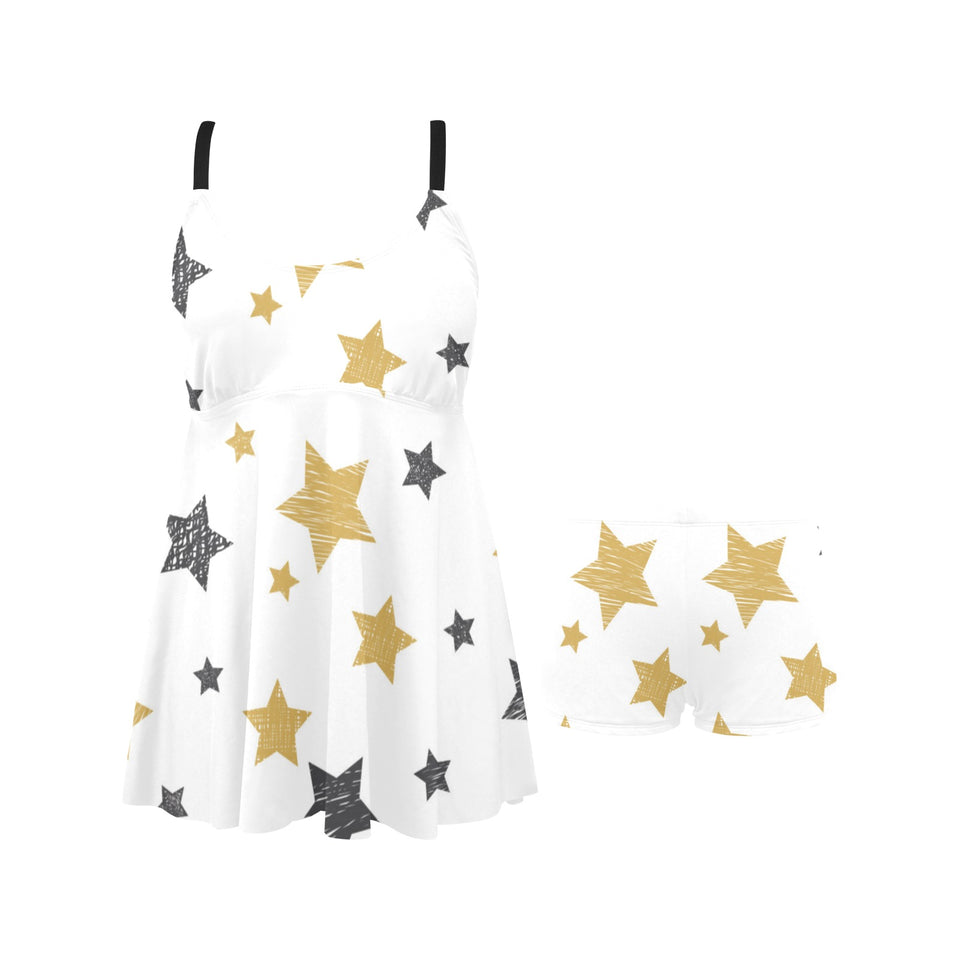 hand drawn gold black star pattern Chest Sexy Pleated Two Piece Swim Dress