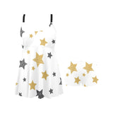 hand drawn gold black star pattern Chest Sexy Pleated Two Piece Swim Dress