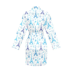 Blue Eiffel Tower Theme Pattern Print Design 01 Women's Long Sleeve Belted Night Robe