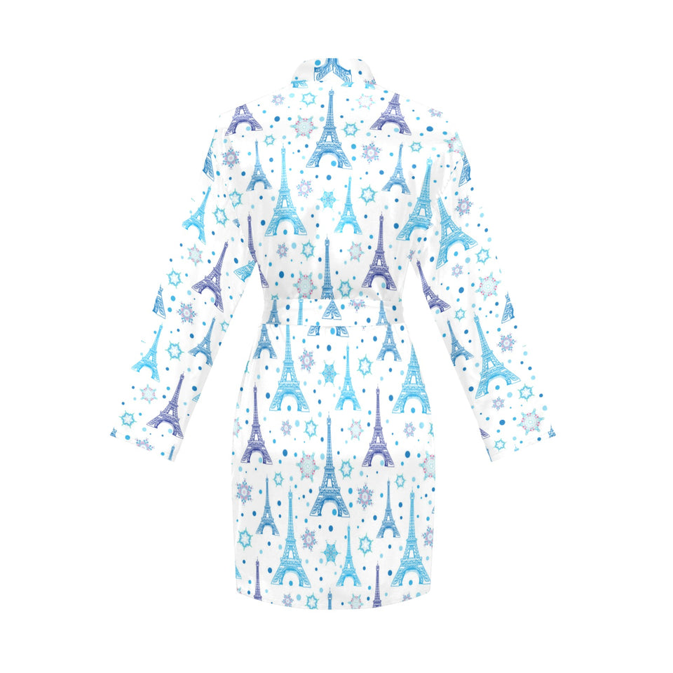 Blue Eiffel Tower Theme Pattern Print Design 01 Women's Long Sleeve Belted Night Robe