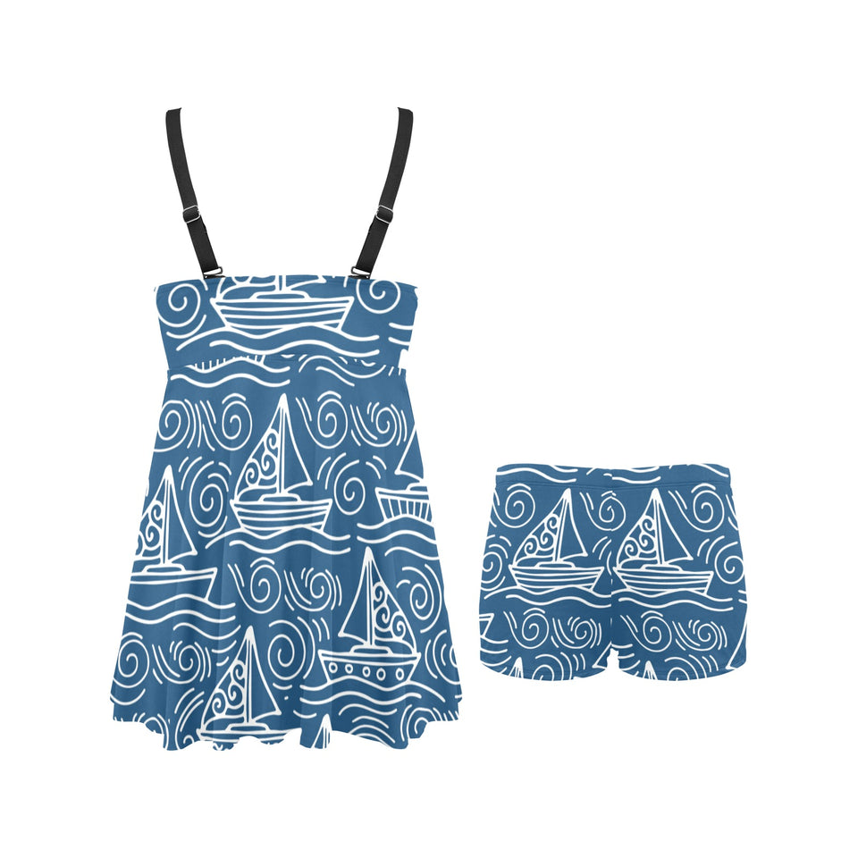 Hand drawn sailboat pattern Chest Sexy Pleated Two Piece Swim Dress