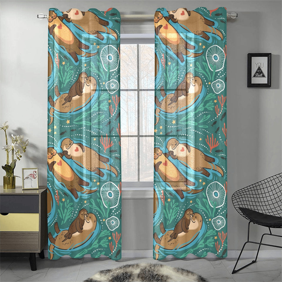 cute brown sea otters ornamental seaweed corals gr Gauze Curtain