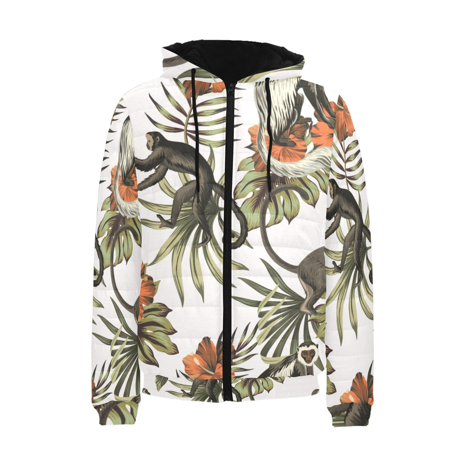 Monkey red hibiscus flower palm leaves floral patt Men's Padded Hooded Jacket