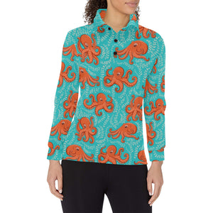 Octopus turquoise background Women's Long Sleeve Polo Shirt