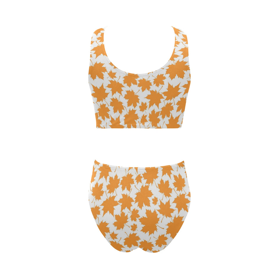 Orange Maple Leaf pattern Chest Bowknot High Waisted Bikini Swimsuit