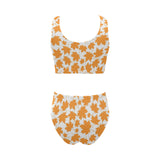 Orange Maple Leaf pattern Chest Bowknot High Waisted Bikini Swimsuit