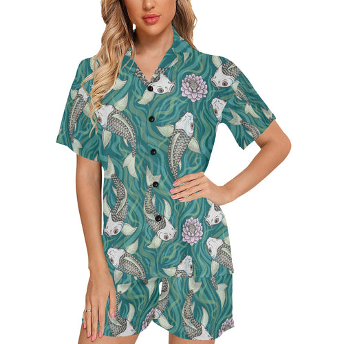 Koi Fish Carp Fish lotus pattern Women's V-Neck Short Pajama Set