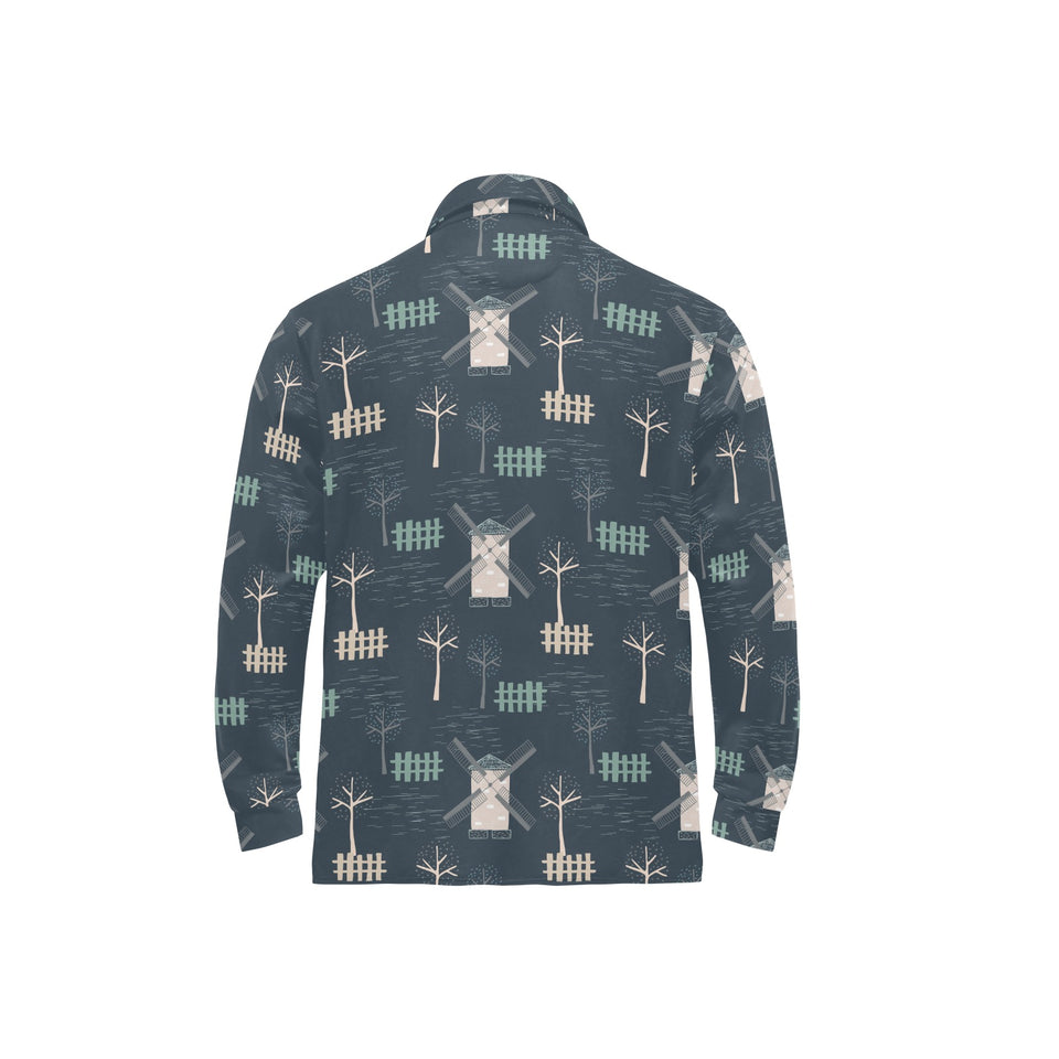 windmill tree pattern Men's Long Sleeve Polo Shirt
