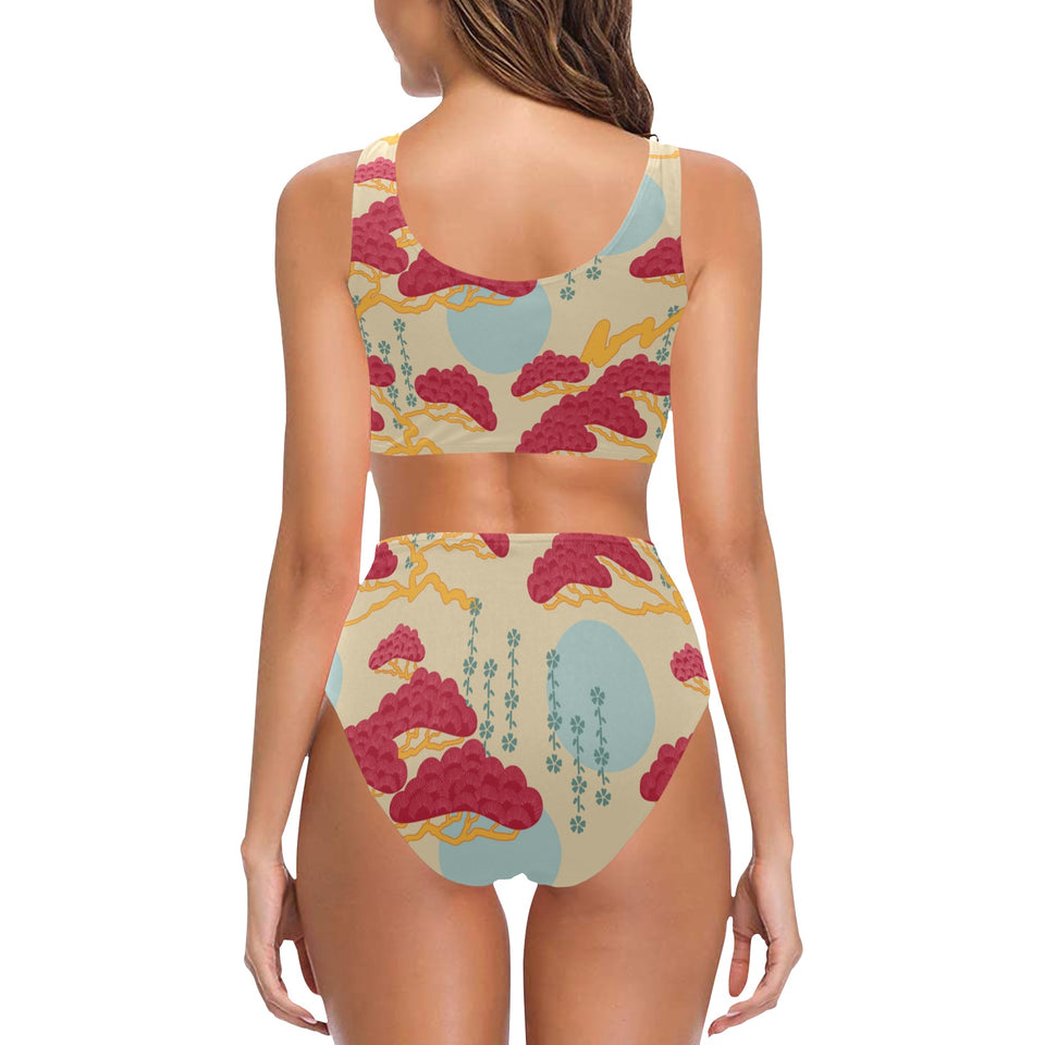 Red Bonsai gray sun japanese pattern Chest Bowknot High Waisted Bikini Swimsuit