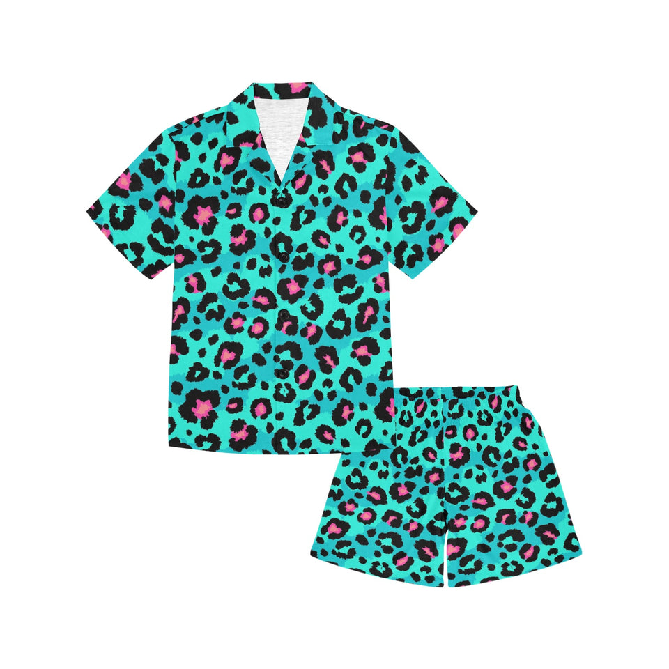 Green leopard skin print pattern Kids' Boys' Girls' V-Neck Short Pajama Set