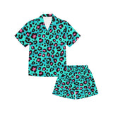 Green leopard skin print pattern Kids' Boys' Girls' V-Neck Short Pajama Set