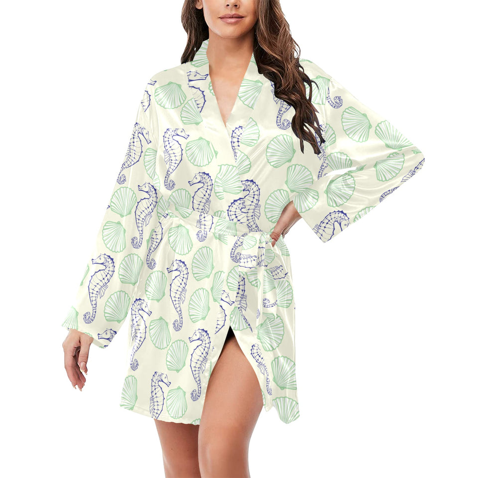 Seahorse shell pattern Women's Long Sleeve Belted Night Robe