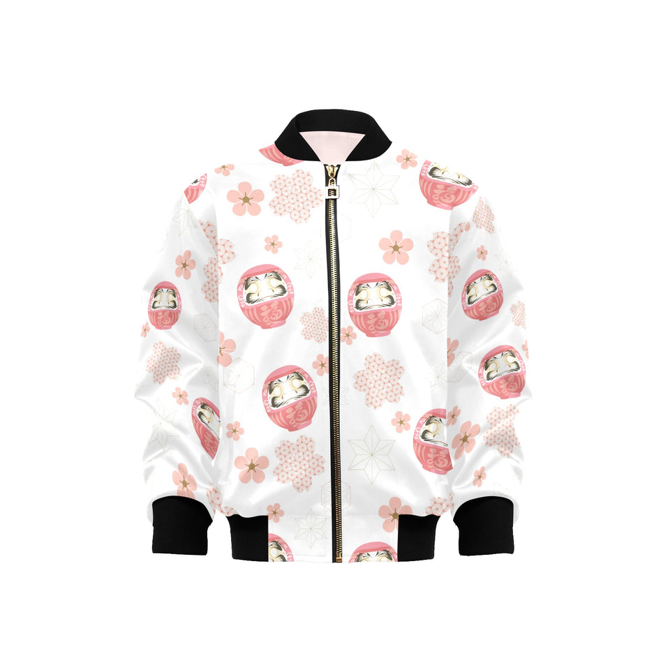 Daruma japanese wooden doll cherry blossom flower Kids' Boys' Girls' Bomber Jacket