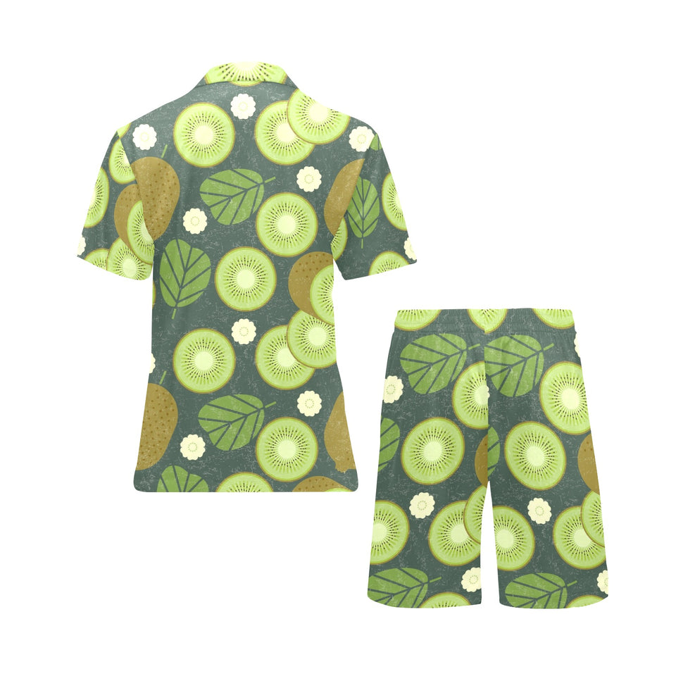 Whole sliced kiwi leave and flower Men's V-Neck Short Pajama Set