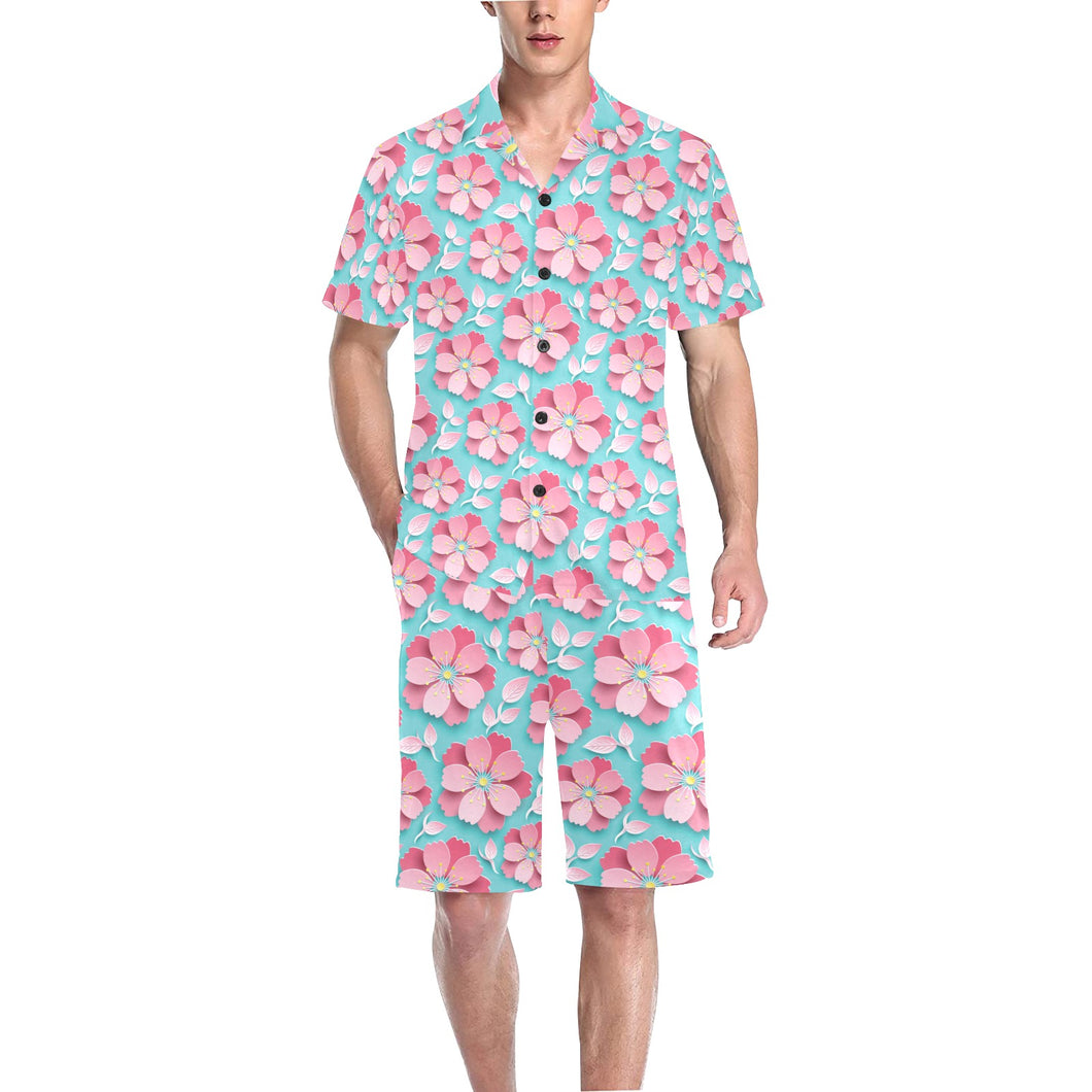 3D sakura cherry blossom pattern Men's V-Neck Short Pajama Set