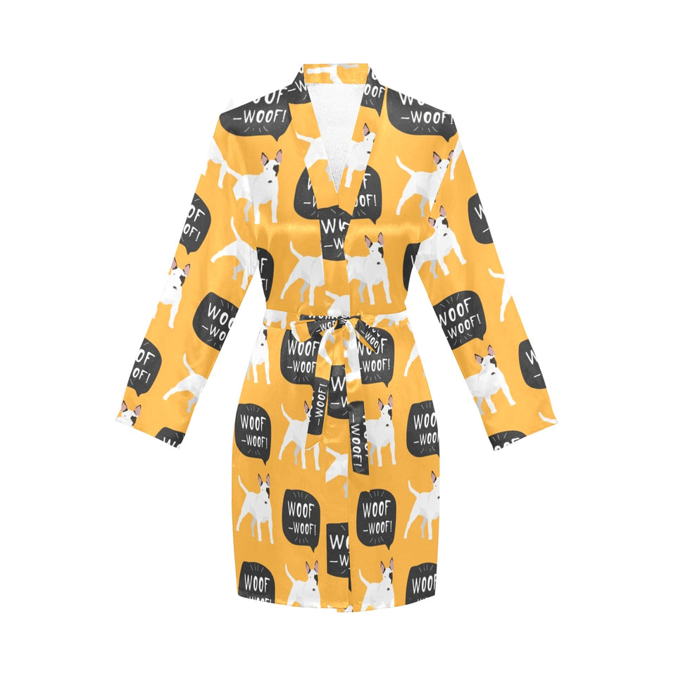 Bull Terrier Pattern Print Design 03 Women's Long Sleeve Belted Night Robe