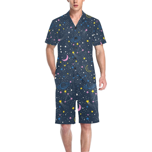 space pattern with planets, comets, constellations Men's V-Neck Short Pajama Set