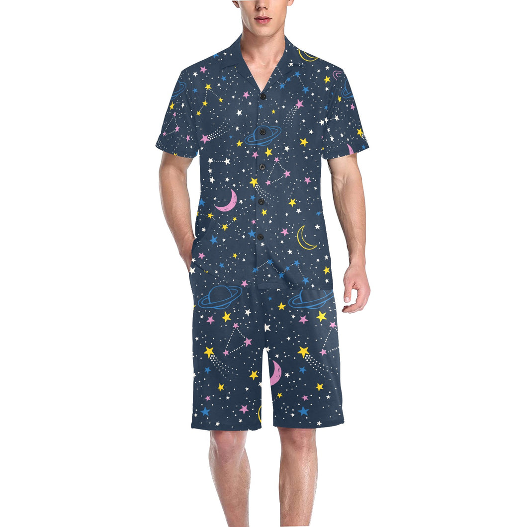 space pattern with planets, comets, constellations Men's V-Neck Short Pajama Set