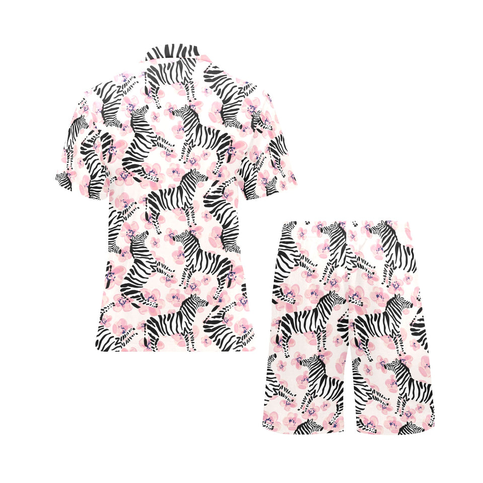 Zebra pink flower background Men's V-Neck Short Pajama Set