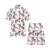Zebra pink flower background Men's V-Neck Short Pajama Set